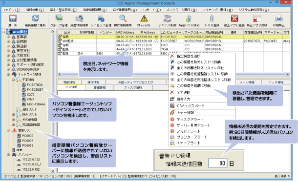 検出日、ネットワーク情報を表示します。／検出された機器を組織に移動し、管理できます。／パソコン警備隊エージェントソフトがインストールされていないパソコンを検出します。／情報未送信の期間を設定できます。例：90日間情報が未送信なパソコンを検出します。／指定期間パソコン警備隊サーバーに情報が送信されていないパソコンを検出し、警告リストに表示します。